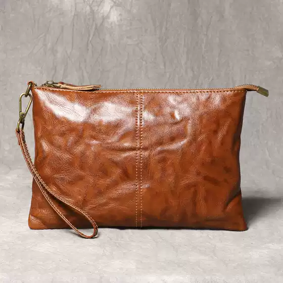Vintage Handmade Genuine Leather Men's Clutch Bag, Fashionable Pleated Women's Bag, Cowhide Large-Capacity Document Wristlet Bag, Men's Wallet