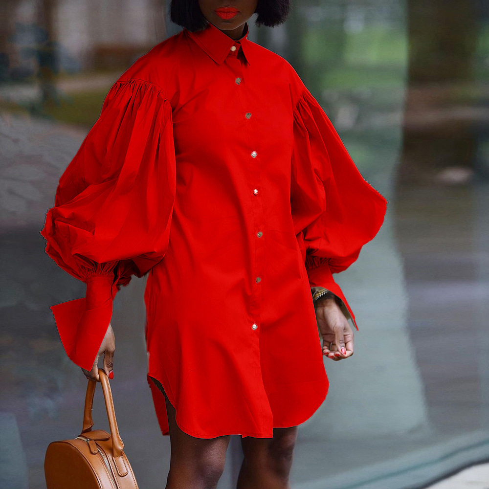 Plus Size Womens Casual Long Sleeve Shirt Dress Loose Fit Solid Color Puff Sleeves Everyday Wear Wholesale