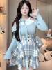 Plus Size Fat mm Autumn and Winter New Knitted Off-Shoulder Top with Plaid Waist Fishbone Cover-Up Slimming Look Short Skirt Two-Piece Set