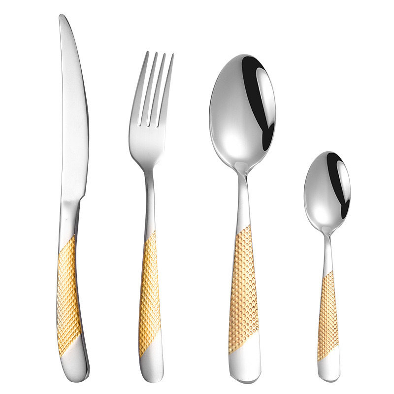 Cross-border Stainless Steel Tableware Embossed Gold Plated Star Diamond Knife and Fork Spoon suit Hotel Western Steak Knife and Fork Household Spoon