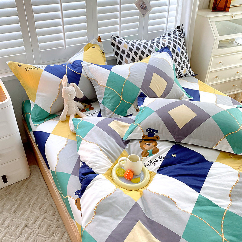 Pure cotton four-piece set 100 cotton one-piece quilt cover bed hat three-piece set Spring and Autumn single student dormitory quilt cover