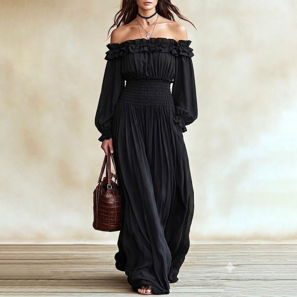 Off Shoulder Ruffled Long Sleeve Dress Waist Defining Autumn Fashion Elegant for Parties and Events Wholesale