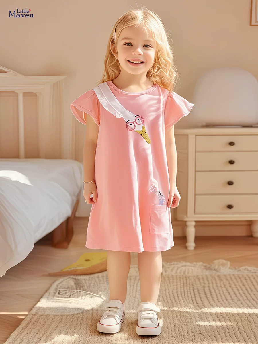 Girls' Summer Cotton Applique Cartoon Dress, Short-Sleeve Kids' Dress