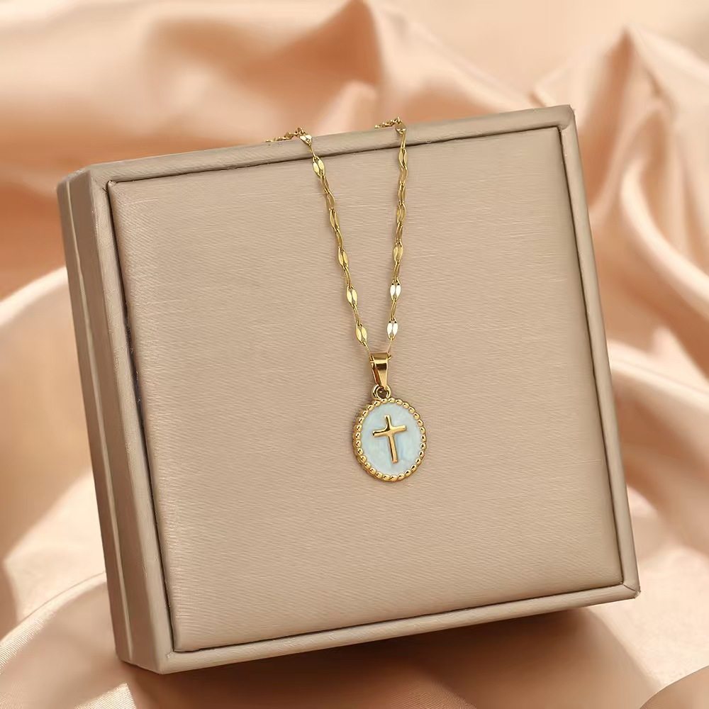 Cross-Border Popular Item for National Day and Mid-Autumn Festival Travel, Easy to Carry, Lightweight, Oil-Dropping Round Cross Stainless Steel Pendant Necklace