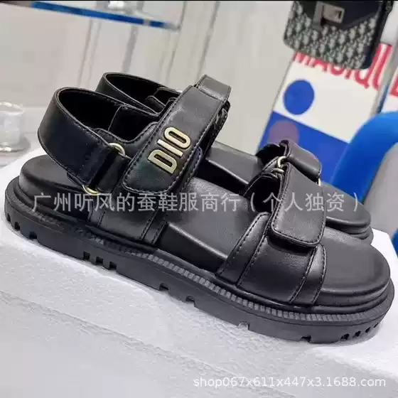 Women's New 2025 Summer Flat Sandals with Thick Sole, Toe-Loop Open-Toe Design, Metal Letter Hardwear, Velcro Strap, Casual Slide Slippers