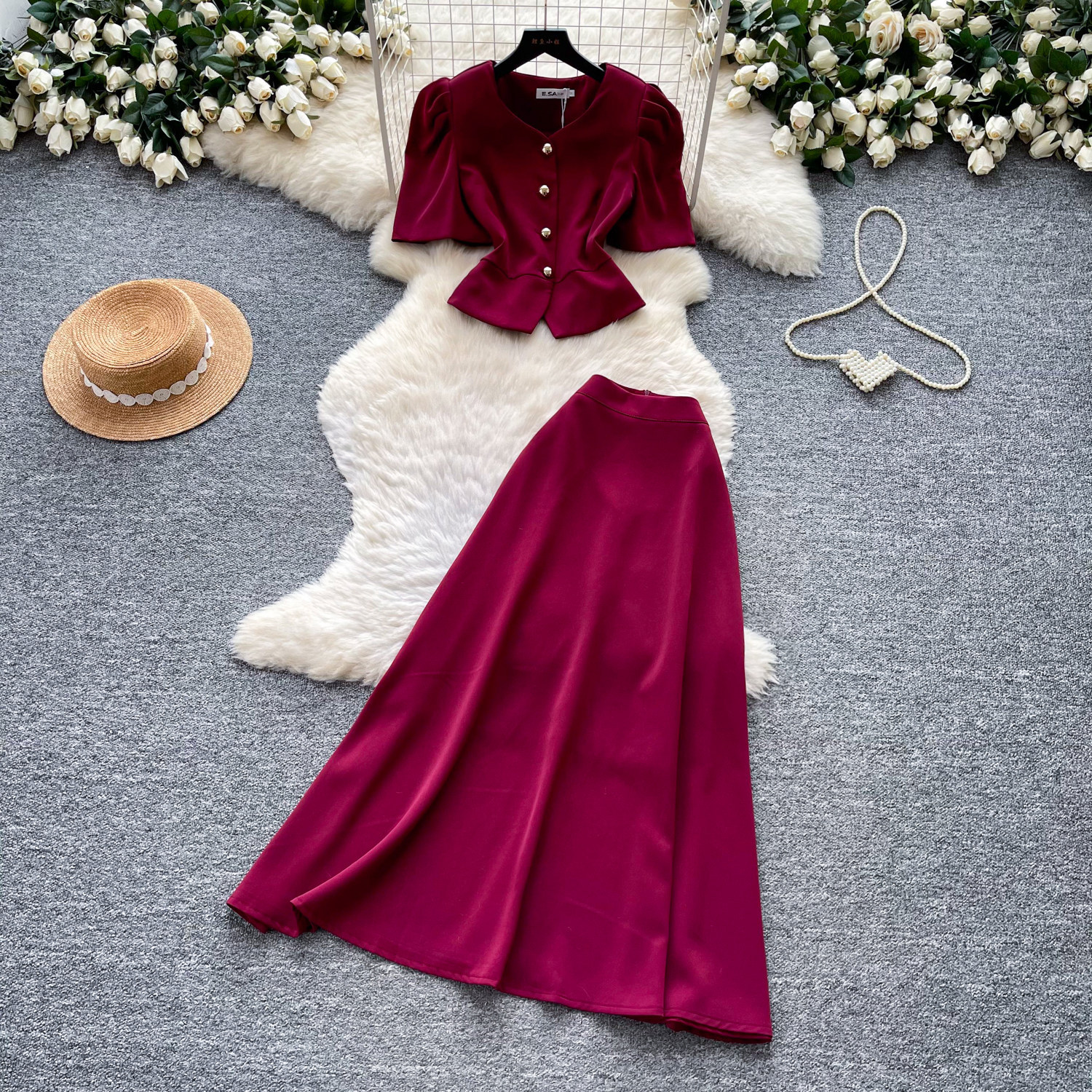 Elegant Wine Red Puff Sleeve Top and High Waist Long Skirt Set Slim Fit Summer Office Wear Womens Two Piece Outfit
