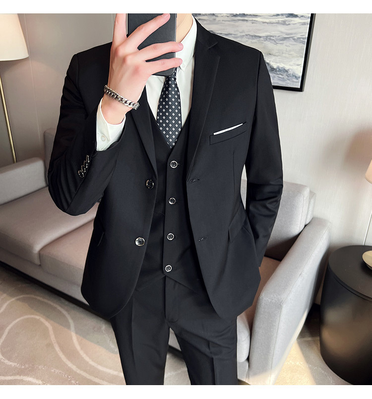 Bộ vest nam ôm dáng ba món phong cách công sở và dự tiệc cưới — Màu xám (áo một nút + áo vest + quần), Màu xanh navy (áo một nút + vest + quần), Màu xám (áo một nút + quần), Màu xám (áo đơn một nút)