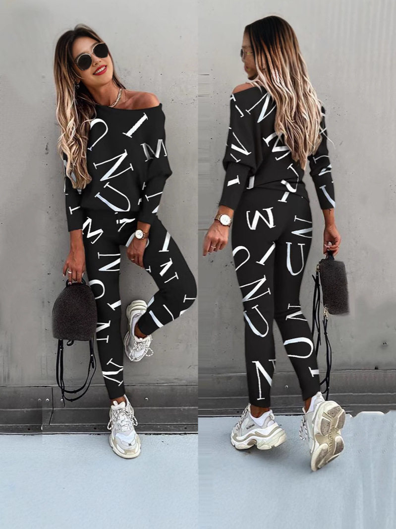 2025 Autumn New Amazon Hot European and American Clothing Letter Printed Long Sleeve Trousers Casual Suit