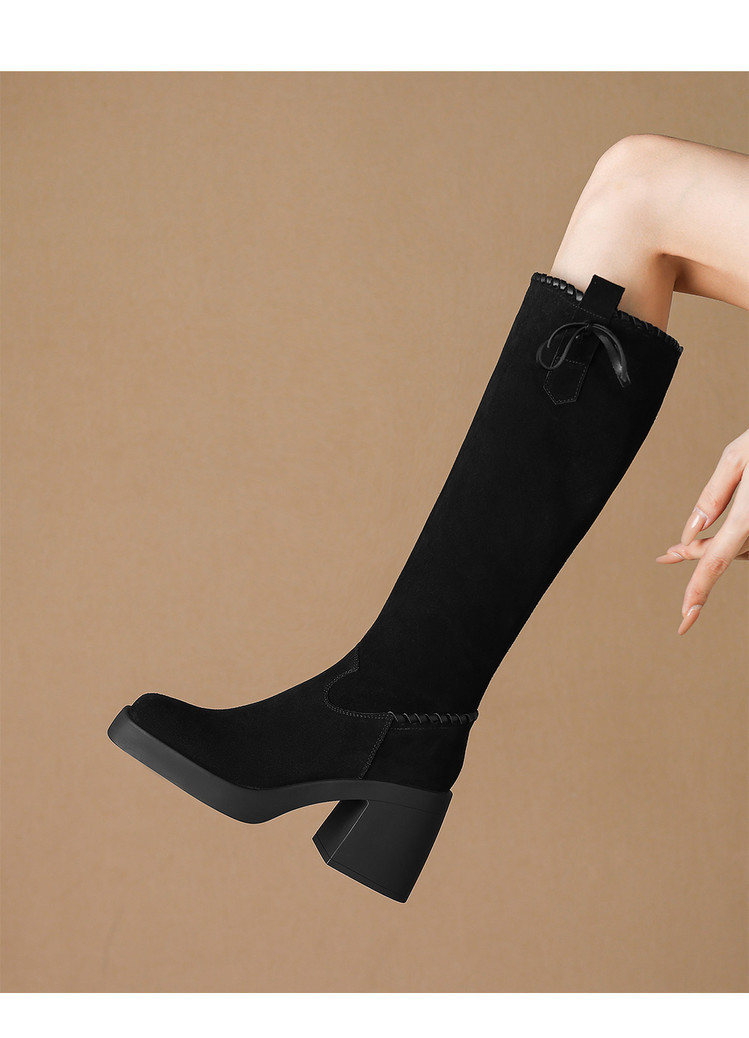 Boot nữ cổ cao ôm bắp chân gót siêu cao 8.5cm mũi tròn phong cách thư giãn — màu đen, Màu nâu