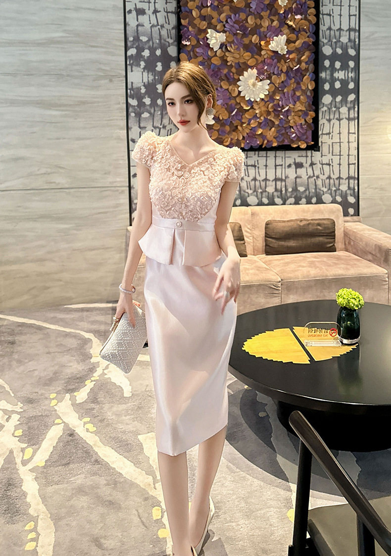 Đầm ren hè nữ cổ V ôm body tay ngắn — [Xám băng], [Hồng đào] chi tiết 14
