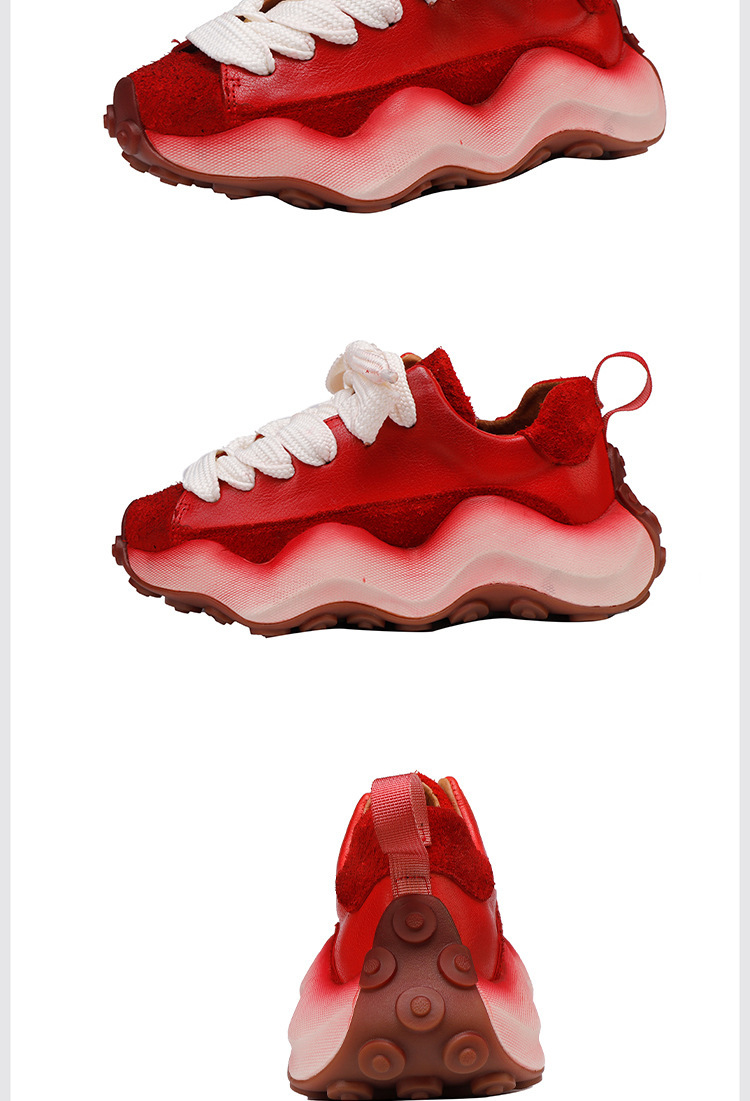 Giày sneaker nữ da bò thật cổ trung, dây buộc, đế dày — đen, màu đỏ