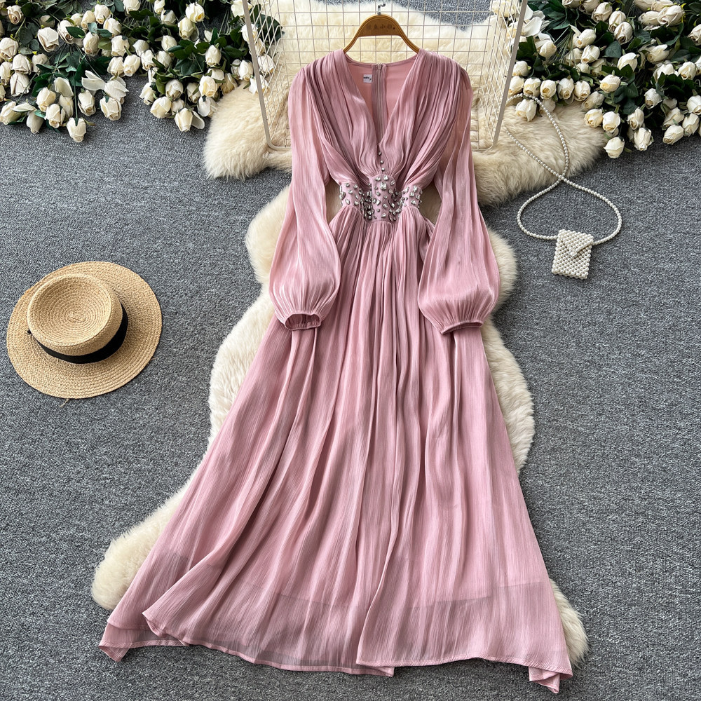 Vintage French Style Red V Neck Lantern Sleeve Beaded Maxi Dress for Women Slim Fit Elegant Flowy Design Perfect for