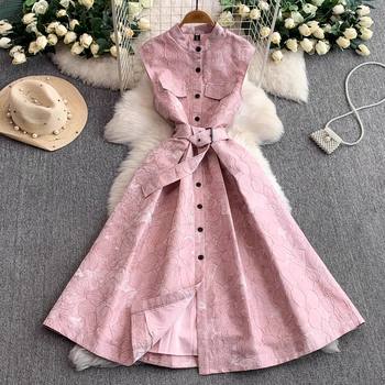 Light Luxury European and American Style High-End Jacquard Round Neck Sleeveless Dress Women's Autum Buttoned Waist Slimming Look Dress Long Skirt