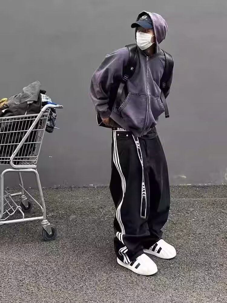 American retro washed old vibe side striped jeans for men and women loose niche design mopping long pants