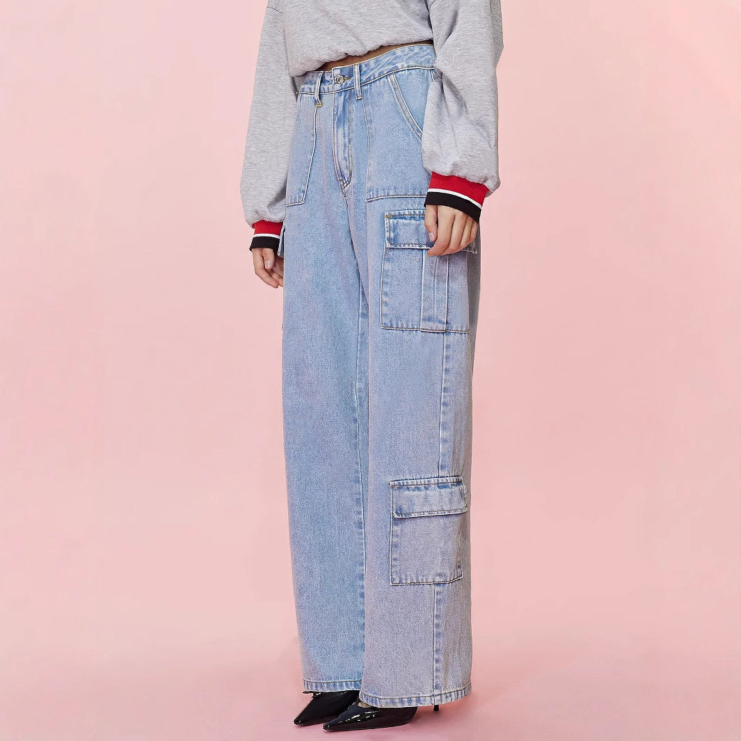 High Waisted Wide Leg Denim Trousers Loose Fit Utility Pockets Casual Style Womens Fashion Ready to Ship