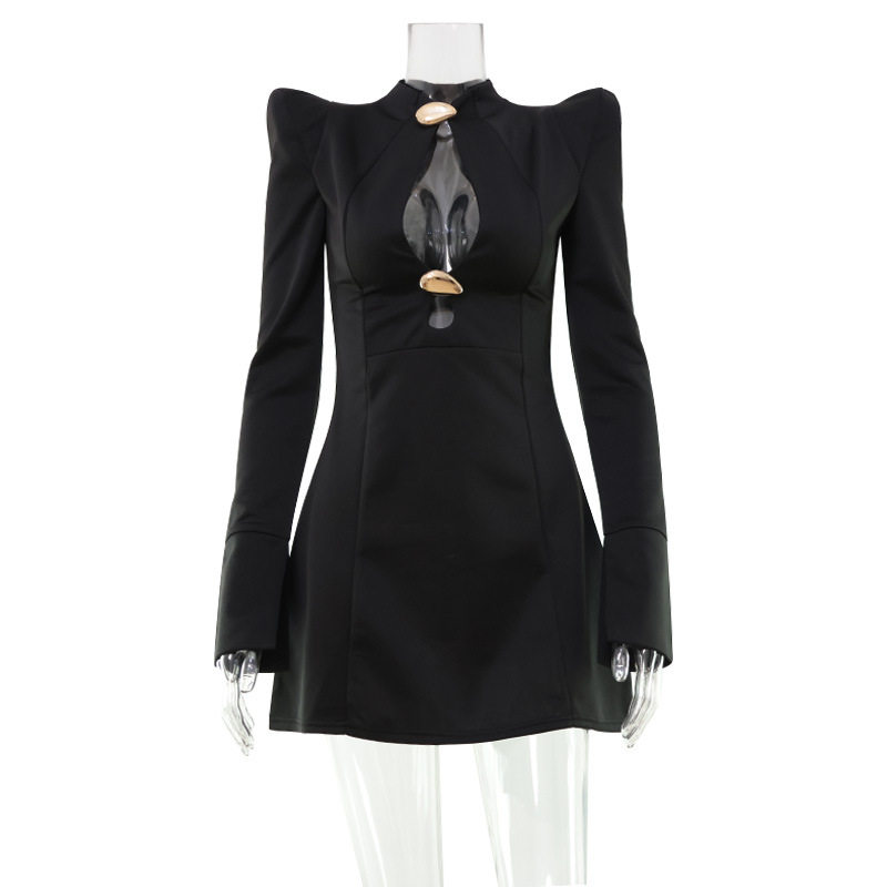 Fashionable Womens Hollow Out Dress Sexy Shoulder Pads Solid Color Waist Defining Design Autumn Winter Collection