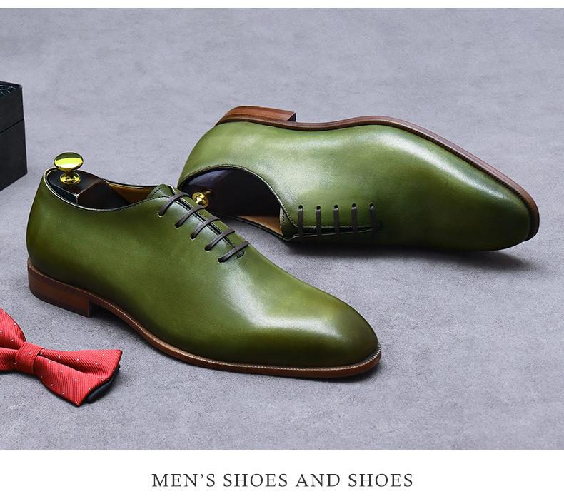 Giày Oxford nam da bò nguyên tấm lót da thật, giày công sở lịch lãm — Màu xanh lục nhạt, Màu vàng đất