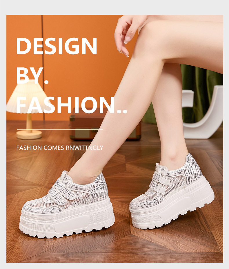 Giày sneaker nữ chunky đế dày trắng platform rhinestone đa năng — Trắng, Bạc, Đen chi tiết 10