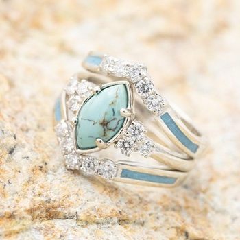 Wish New Jewelry European and American Cross-Border Creative Turquoise Diamond-Encrusted Three-Piece Set Women's Ring Ins Jewelry