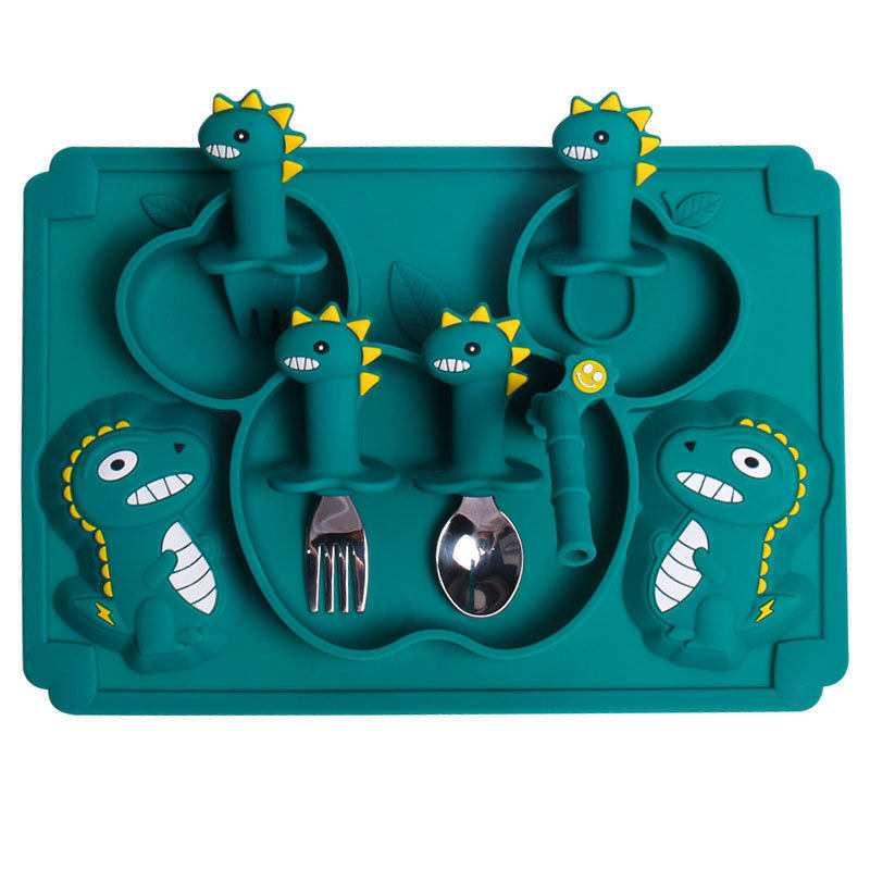 Cross-Border Hot-Selling Children's Dinosaur Silicone Dinner Plate Baby Training Food Bowl Fork Spoon Bib Cup Suction Bowl and Plate Tableware