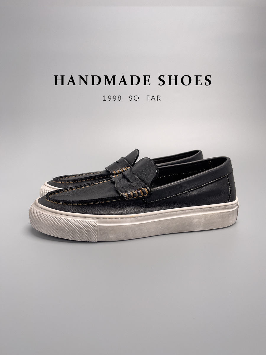 Giày loafer nam da bò thật thủ công kiểu cổ điển — Aima Orange (đánh bóng bằng tay để làm cũ), Màu đen, Chờ sương và mưa (đánh bóng bằng tay), Màu cam