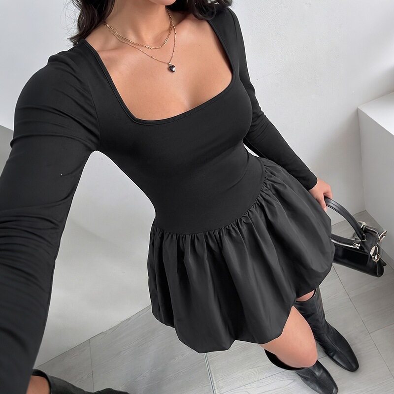Casual Black Puff Sleeve Mini Dress Square Neck Floral Design Comfortable Fit Perfect for Spring Summer Wholesale