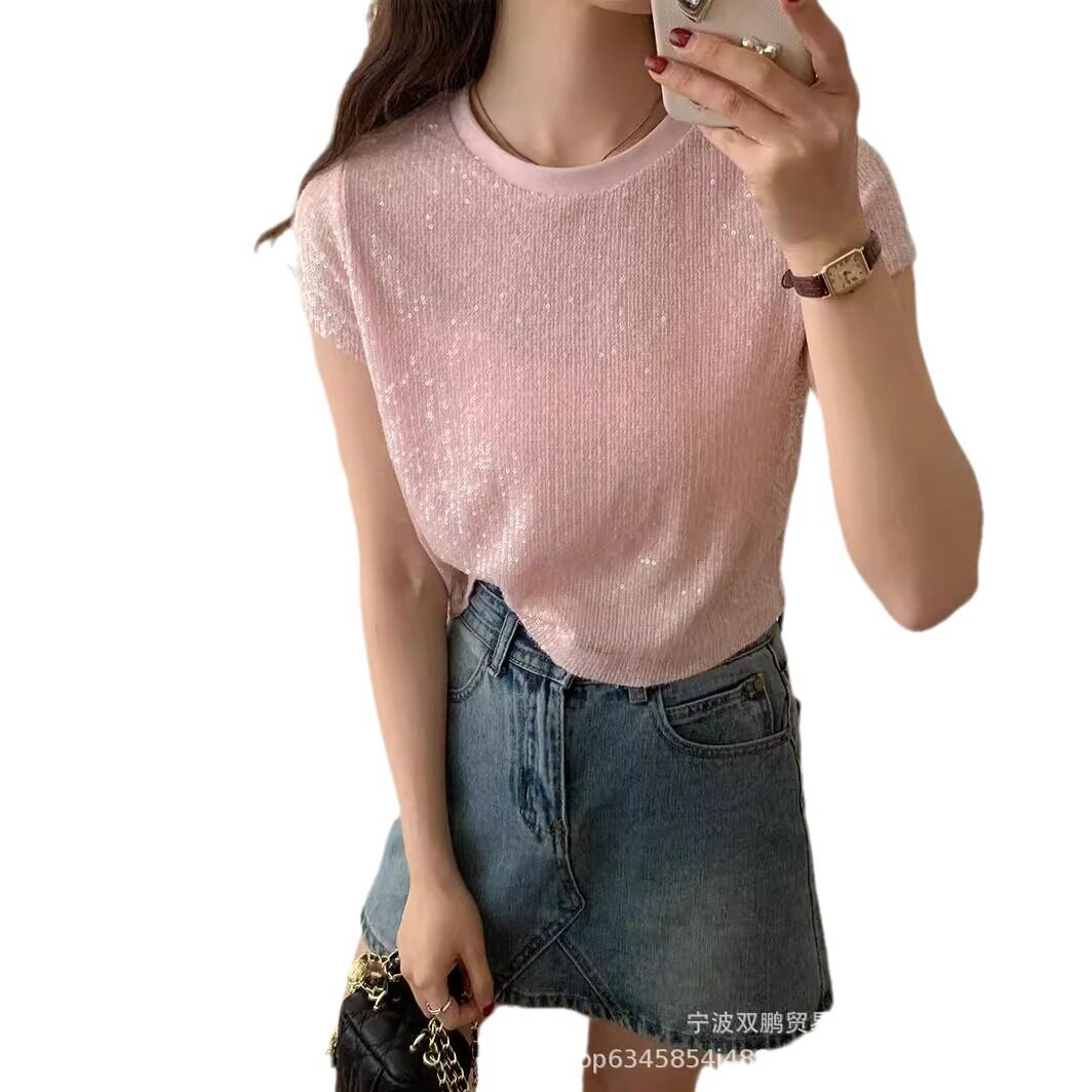 Summer Womens Sheer Mesh Top Short Sleeve Sequin Detail Pastel Colors Casual Wear Wholesale Available
