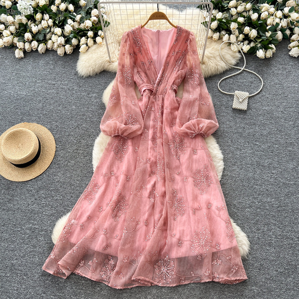 French Style Embroidered Sequin V Neck Lantern Sleeve Waist Defined Maxi Dress for Women Slim Fit Autumn Collection