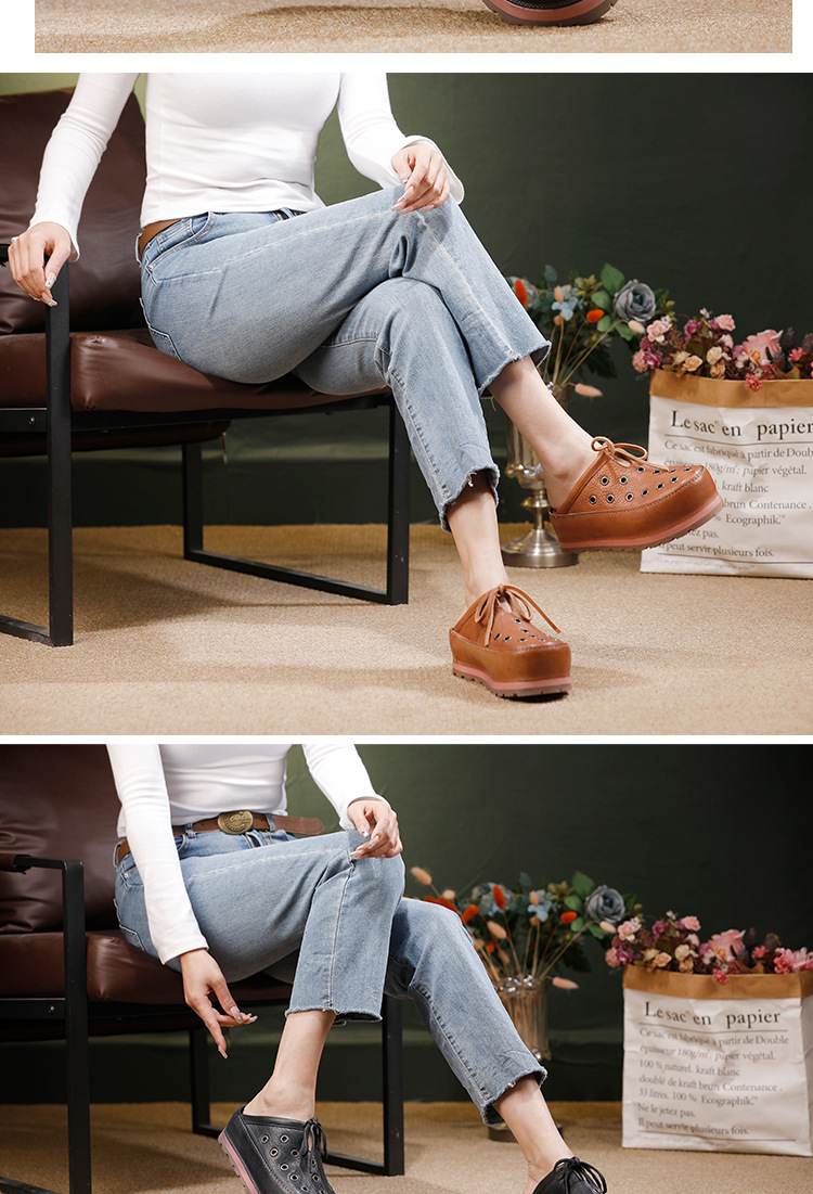 Dép sandal nữ mũi tròn bọc đầu da bò đục lỗ thoáng khí — màu đen, Màu nâu