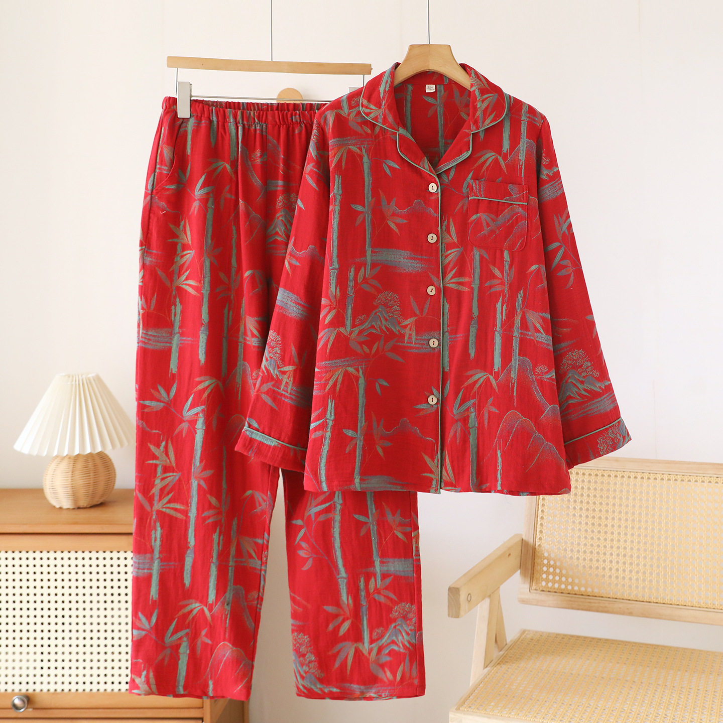 翻领双层纱布睡衣女春夏秋薄款长袖长裤套装开衫家居服二件套外穿