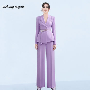 Fashionable Business Commuter Professional Suit for Women, New Spring and Autumn Purple Slim-Fit Wide-Leg Pants Two-Piece Suit, Factory Export