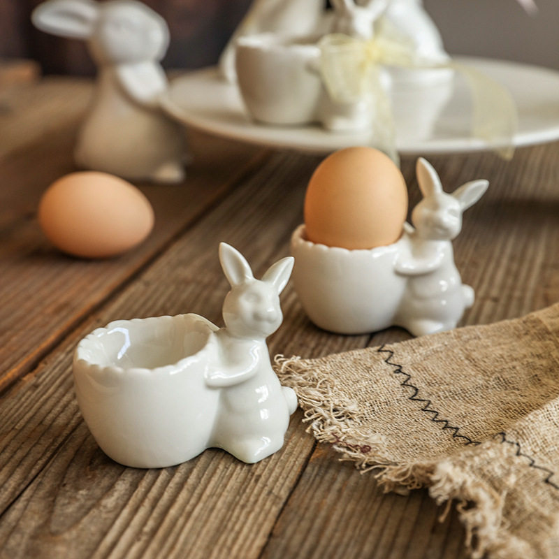 European Breakfast Egg Cup Rabbit Egg Holder Ceramic Creative Living Room Ornaments Egg-Shaped Candle Holder Pure White Egg Cup