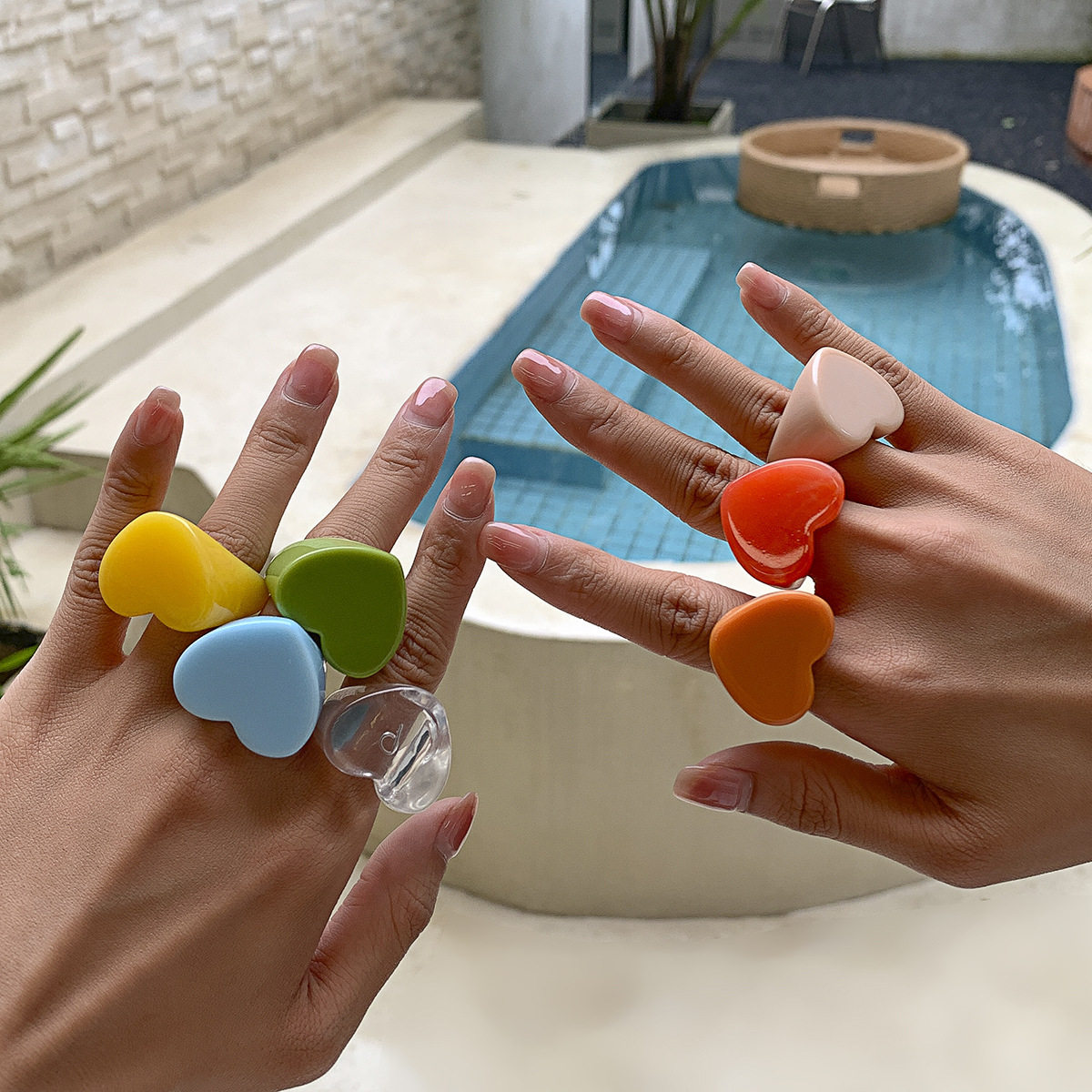 Fashionable and Simple Candy-Colored Peach Heart-Shaped Ring European and American Cross-Border Holiday Style Resin Geometric Ring Bracelet for Women