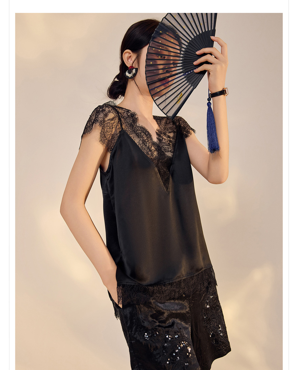 Áo hai dây nữ ren gợi cảm lưng trần dáng dài — Đen Obsidian (Tóc 7 ngày), Màu đen Obsidian (phát hành cùng ngày), Màu trắng ngà (giao hàng trong 7 ngày), Màu trắng ngà (tóc cùng ngày)