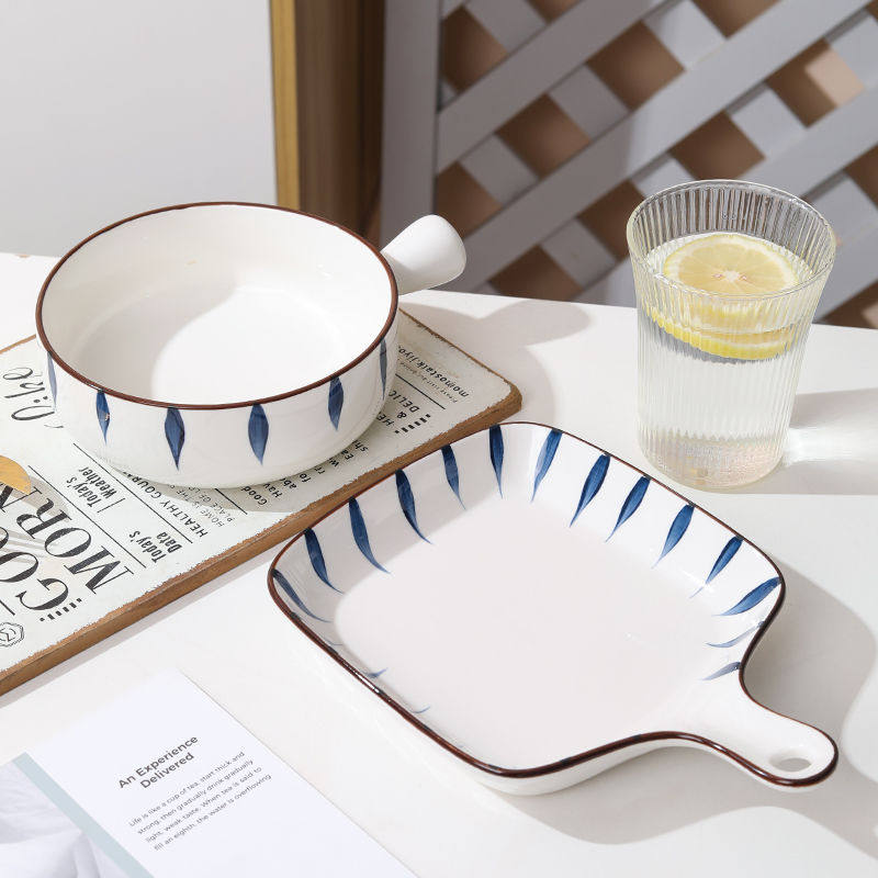 Japanese-Style Chiba Hand-Painted Handle Plate Bowl Instant Noodle Bowl Creative Trendy Oven-Safe Ceramic Tableware Set High Temperature Resistant