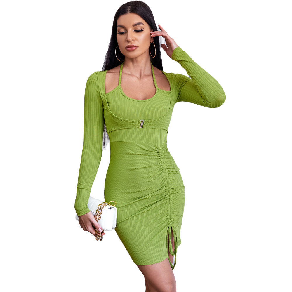 Womens Bodycon Mini Dress Two Piece Look Ruched Design Long Sleeve Knitted Fabric Perfect for Parties or Casual