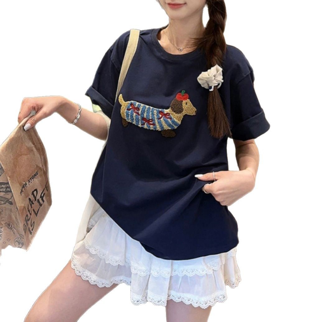 Dachshund Embroidered Short Sleeve T Shirt for Women Summer Collection Korean Style Loose Fit Fashionable and