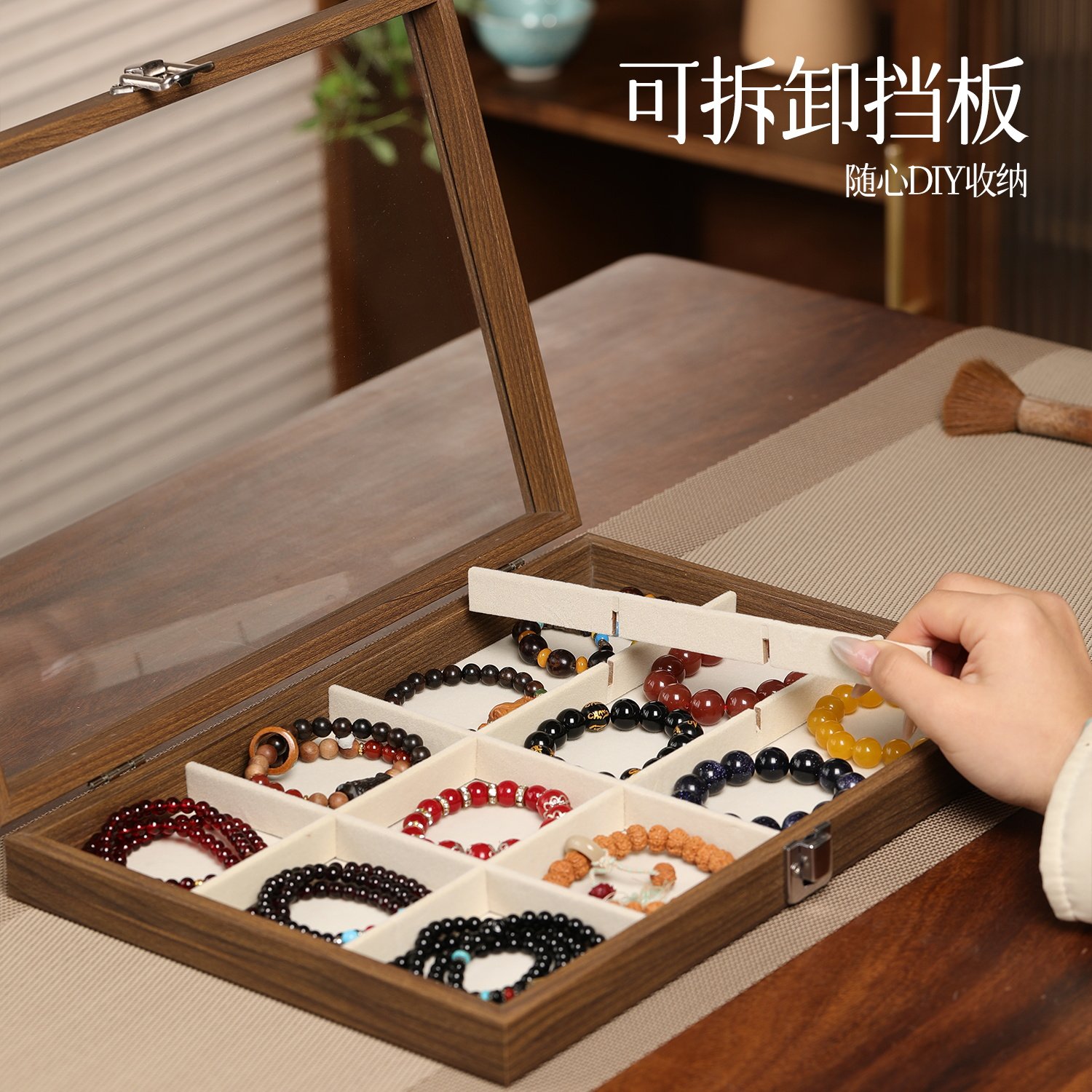 Walnut Wood Grain Bracelet Storage Box, Buddhist Beads Display Tray, High-End Crystal Jade Bracelet Jewelry Box