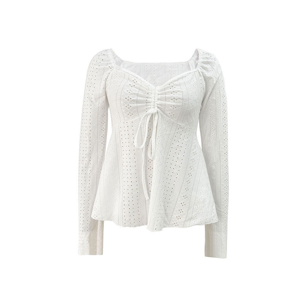 Elegant Womens Long Sleeve Top Solid Color U Neck Lace Trim Tie Detail Winter Fashion Wholesale Available