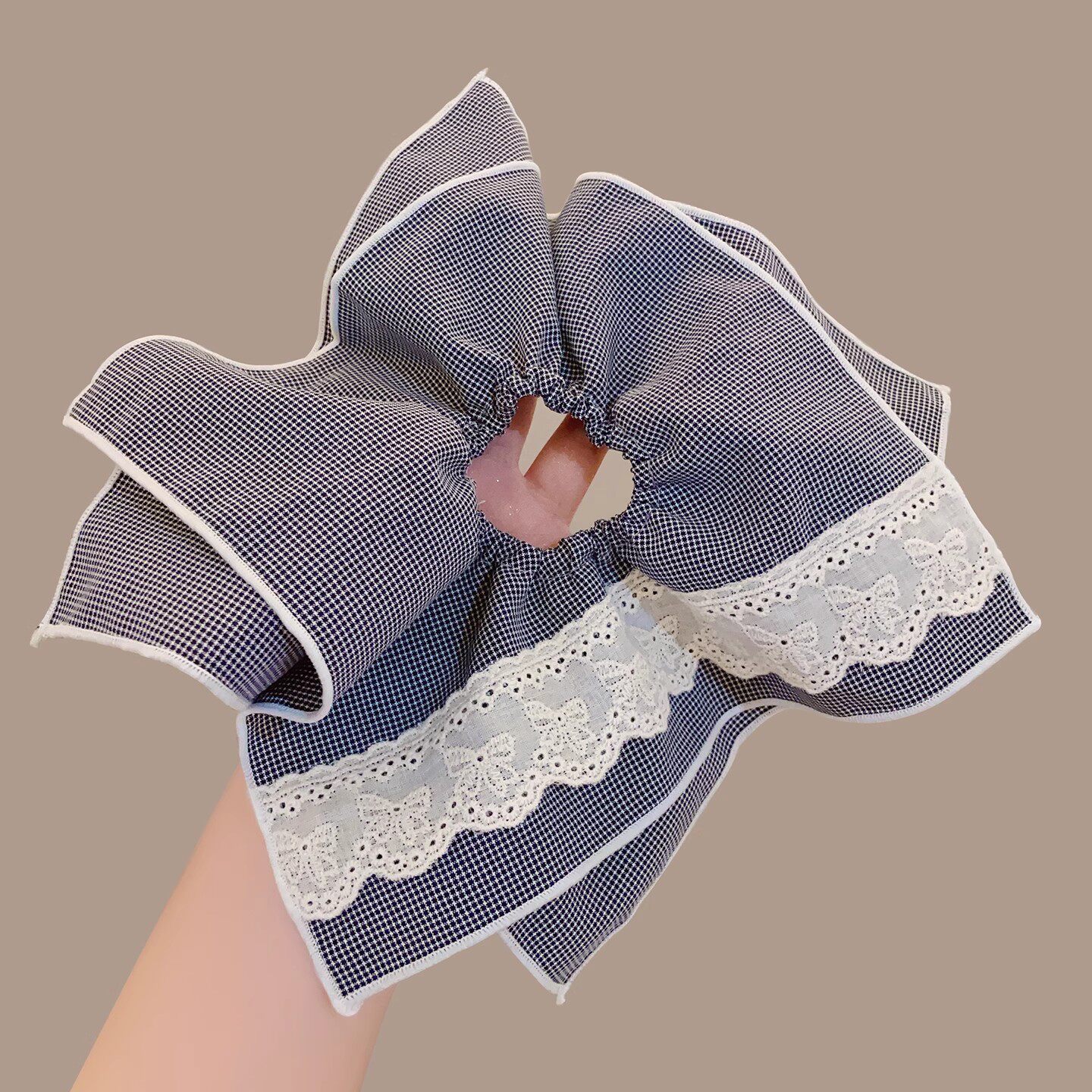 Korean-Style Small Plaid Lace Double-Layer Waistband Scrunchie for Women, Sweet Bun Hair Tie, Low Ponytail Hair Accessory