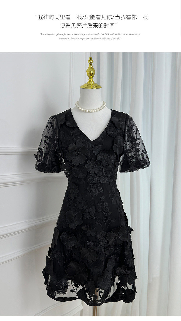 Summer V Neck Puff Sleeve Dress Handcrafted 3D Embroidery Solid Color Elegant A Line Silhouette Perfect for Parties