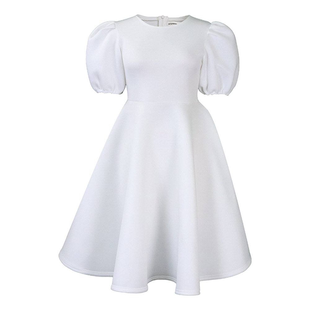 A Line Dress Round Neck Puff Sleeves Waist Defined Flowy Hem Elegant Evening Wear Wholesale Available