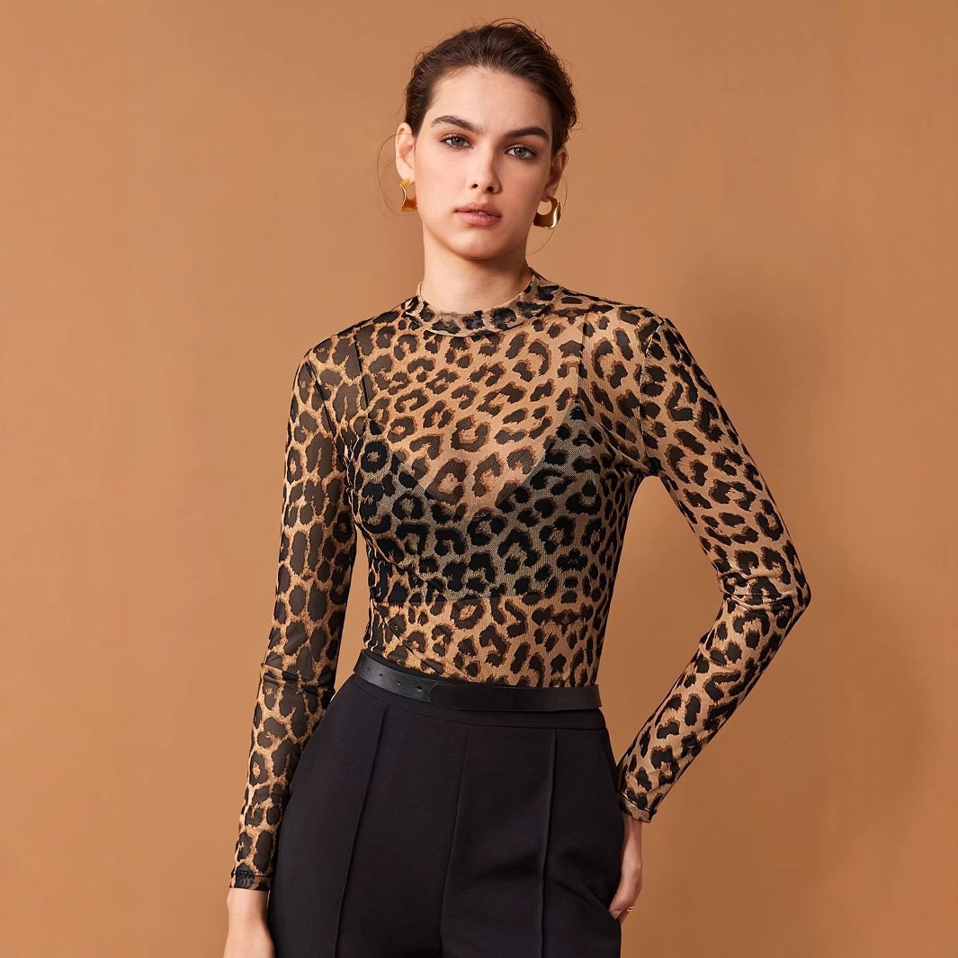 Womens Sheer Long Sleeve T Shirt Leopard Print Round Neck Lightweight Fabric Summer Fashion Wholesale Available