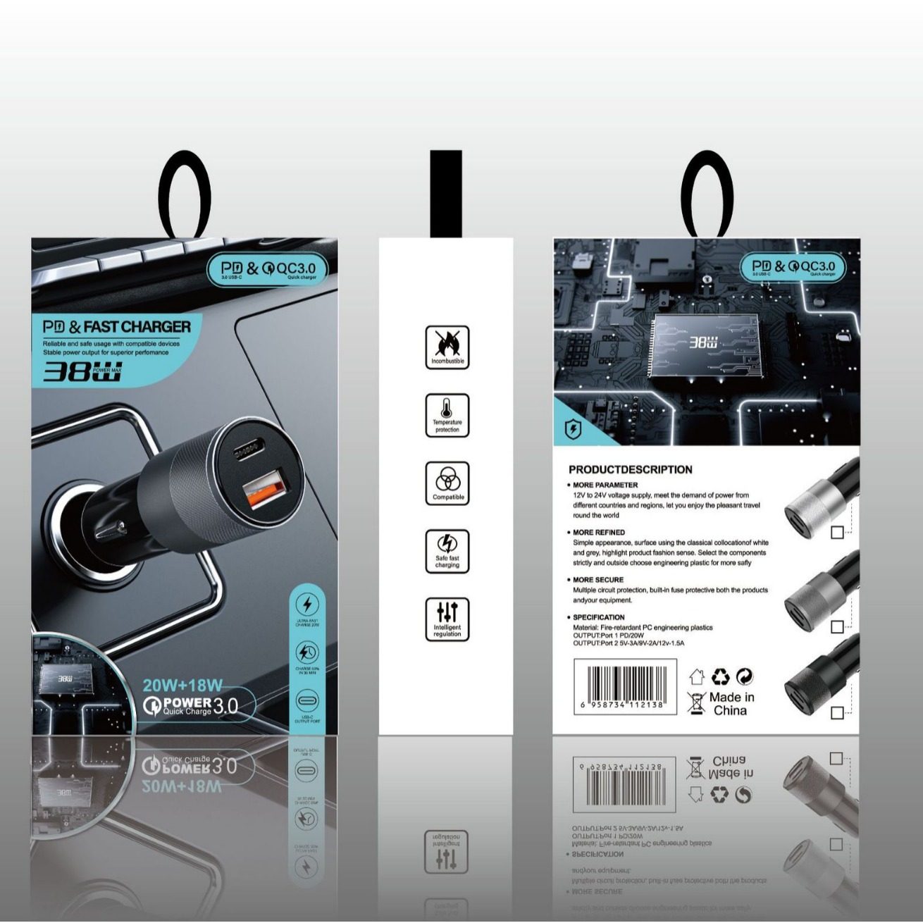 Small steel gun PD with packaging 38W double fast charge A + C car charger type-c