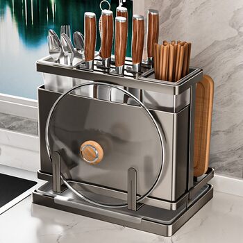 304 Stainless Steel Kitchen Knife Holder Chopsticks Holder Storage Rack Multifunctional Knife Chopping Board Rack Integrated Draining Storage Rack
