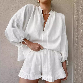 Fashion cotton and linen solid color loose V-neck lantern sleeve shorts two-piece summer versatile sexy lace-up high waist suit
