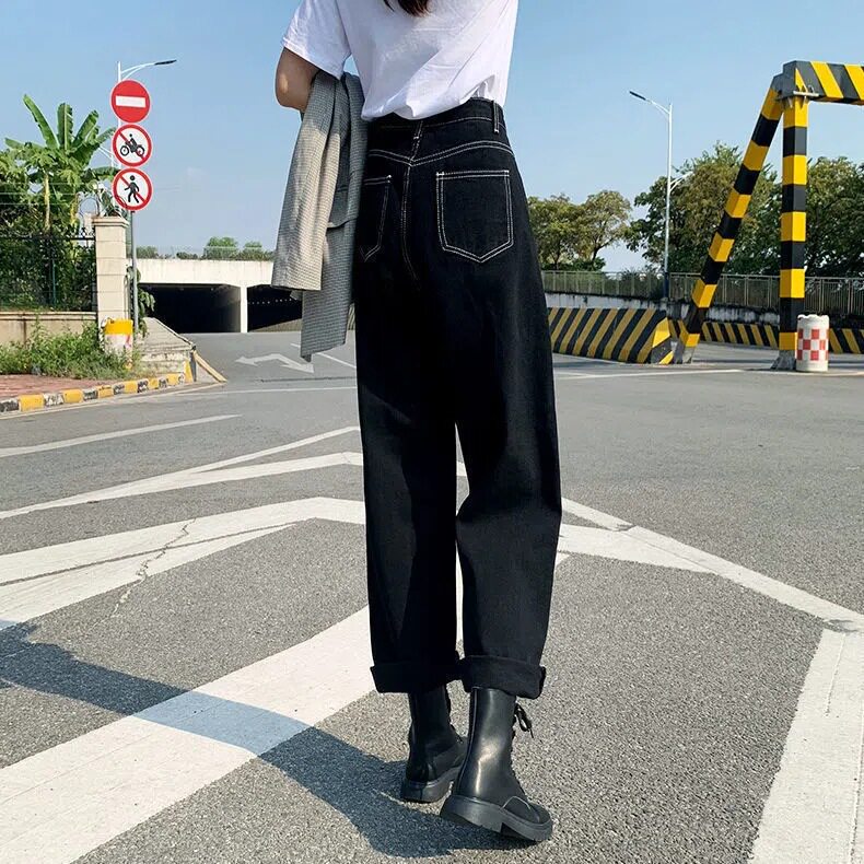 Black High Waisted Wide Leg Jeans for Women Loose Fit Slimming Versatile Casual Wear for Students Wholesale
