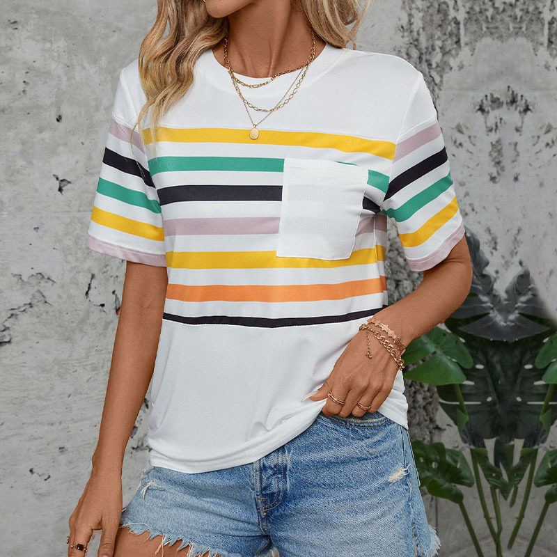 Colorful Striped Short Sleeve T Shirt for Women Summer Style Casual Fit Comfortable Fabric Wholesale Available