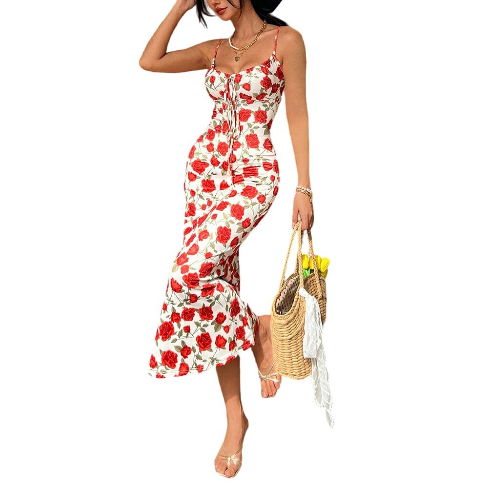 Vintage French Style Floral Print Tie Waist Maxi Dress Slim Fit Sleeveless Beach Vacation Wholesale Available