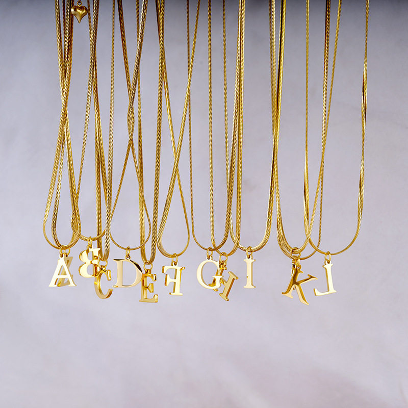Cross-border Hot Selling Simple Style Golden Snake Chain Stainless Steel Letter Pendant Necklace Collar Chain Women's Collar Necklace Chain